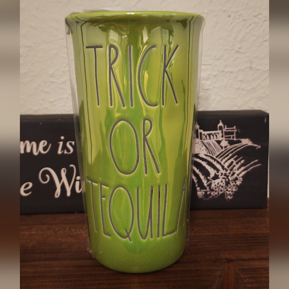 Rae Dunn Iridescent Green ceramic travel mug